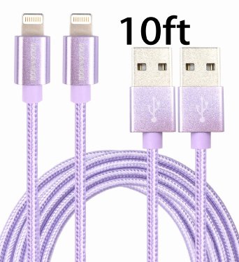 GOLDEN-NOOB 2Pack 10FT Nylon Braided Popular Lightning Cable 8Pin to USB Charging Cable Cord with Aluminum Heads for iPhone 6/6s/6 Plus/6s Plus/5/5c/5s/SE,iPad iPod Nano iPod Touch(Purple)