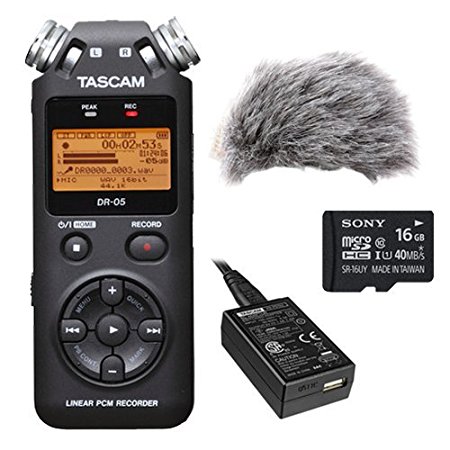 TASCAM DR-05 Portable Digital Recorder Kit with Custom Windbuster and USB Power Adapter and 16GB microSDHC Class 10 Memory Card