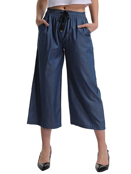 Gooket Women's Elastic Waist Wide Leg Cropped Capris Drawstring Jean Culottes Pants