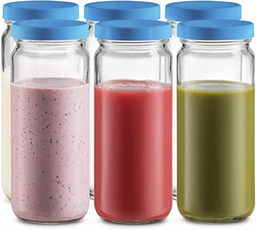 Travel Glass Drinking Bottle Mason Jar 16 Ounce [6-Pack] Plastic Airtight Lids, Reusable Glass Water Bottle for Juicing, Smoothies, Kombucha, Tea, Milk Bottles, Homemade Beverages Bottle