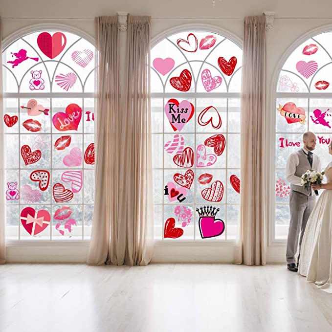 LUCKKYY 144pcs Valentine's Day Window Clings Heart Static Stickers Decal - Removable Valentines Window Decals - Valentines Decorations