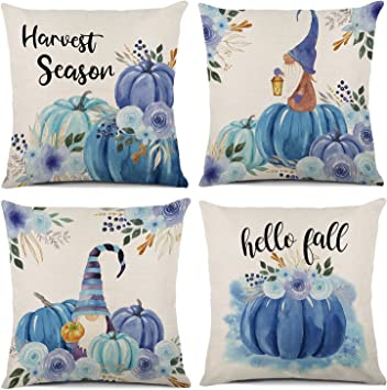 Molili Fall Pillow Covers 18x18 Set of 4, Blue Autumn Linen Throw Pillow Cover Harvest Season Hello Fall Gnome, Decorative Cushion Case for Sofa Bed Outdoor Holiday Home Decor