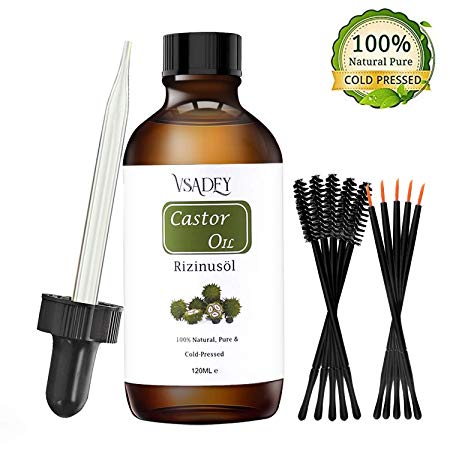Castor Oil 100% Pure Organic(4.22oz/120ml), Lash Growth Serum Cold Pressed Castor Oil for Eyelashes, Eyebrows and Hair Growth, with Dropper, 5 Set Eyeliner Brushes & Eyebrow Burshes