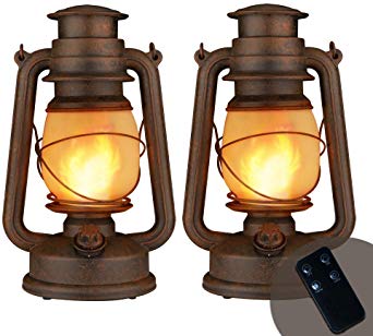 2 Pack Flame Light Vintage Lantern, Realistic Flicker Flame Camping Lamp Battery Operated LED Night Lights Landscape Decorative for Garden Patio Deck Yard Path (Copper)