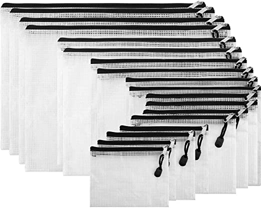 18 Pieces Black Zipper Pouch Zipper File Bags Mesh File Folders with Grid Travel Pouch, 9 Sizes