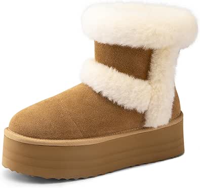 DREAM PAIRS Winter Platform Fur Boots for Women Genuine Suede Faux Fur Snow Booties Classic Warm Slip-On Memory Foam Comfort FuzzyChic Plush Platform Ankle Boots