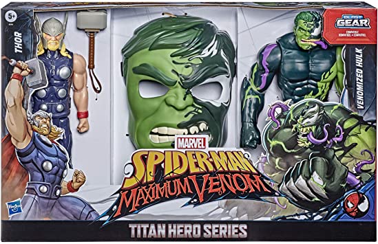Spider-Man Maximum Venom Titan Hero Spider-Man Vs. Venomized Hulk Action Figure 2-Pack and Mask, with Blast Gear-Compatible Back Ports (Amazon Exclusive)