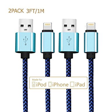 Lightning Cable,[2-Pack] 3ft/1m USB Cable Nylon Braided High Speed Data Sync Charger cord with Aluminum Heads for Apple iPhone 6/6s/5/5s/5c Plus iPad iPod iPad Air Mini (Blue)