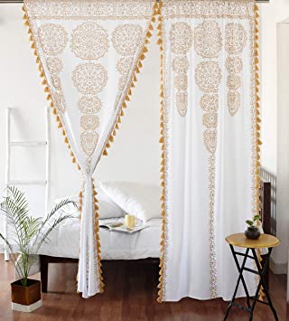 Moroccan Medallion Floral Ombre Mandala Window Curtains Tapestry Indian Drape Balcony Room Decor Divider Sheer Wall Hanging with Pom Pom Lace (41" W x 87" L, White-Gold-Lace)