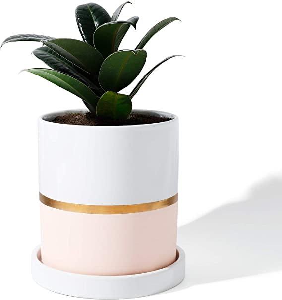 POTEY 052103 Planter Pots Indoor - 4.9 Inch Cylinder Ceramic Flowerpot with Drainage Hole & Saucer for Indoor Plants Flower Succulent Modern Home Decor(Plant NOT Included)