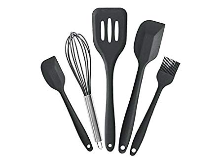 Somine Silicon Kitchen Utensil Set (5 Pieces) Heat Resistant Nonstick Cookware Gadgets - Includes Turner, Spatula Scraper, Basting Brush and Whisk