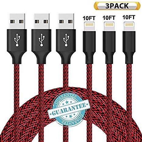 DANTENG Phone Charger 3Pack 10FT Nylon Braided Charging Cables USB Charger Cord, Compatible with Phone Xs X 8 8 Plus 7 7 Plus 6 6 Plus SE Pad Pod Nano - Black Red