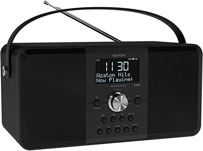 AZATOM Multiplex D2 DAB  FM Digital Radio & Alarm Clock - Bluetooth 5.0 - Stereo Speaker - Twin Alarms - Massive Rechargeable Battery - USB Mobile Charging - Premium Sound (Black)