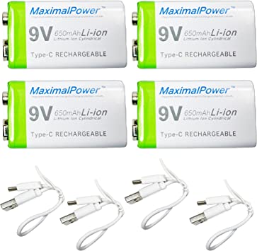 MaximalPower 9V Rechargeable Li-ion Battery 650mAh w/USB Type-C Charging Cord | for Smoke Detectors, Digital Alarm, Guitar Pedals, Radios, etc. (4X 9V Battery 650mAh)