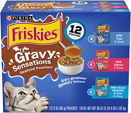 Purina Friskies Gravy Wet Cat Food Variety Pack, Gravy Sensations Seafood Pouches - (2 Packs of 12) 3 oz. Pouches