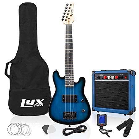 LyxPro 30 Inch Electric Guitar Starter Kit Bundle for Kids with 3/4 Size Beginner’s Guitar, Amp, Six Strings, Two Picks, Shoulder Strap, Digital Clip On Tuner, Guitar Cable and Soft Case Gig Bag Blue