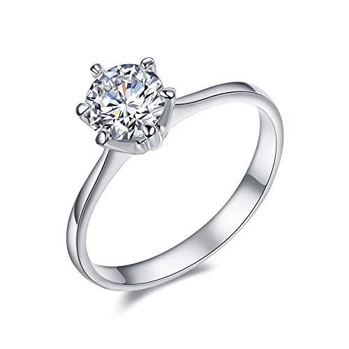 SPILOVE Serend 18k White Gold Plated 1 Carat Round Cubic Zirconia Solitaire Wedding Engagement Rings, Size 4 to 9