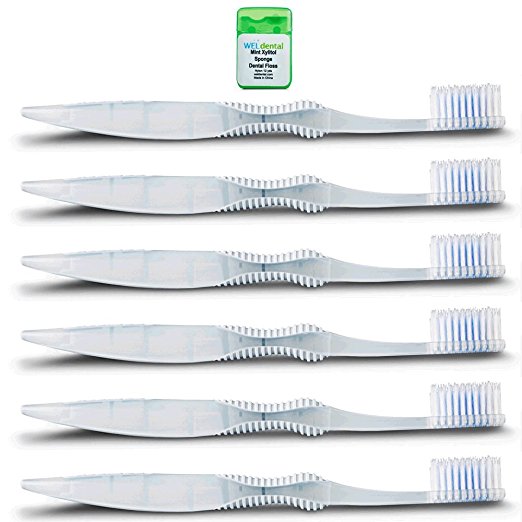 Sofresh Flossing Toothbrush - Adult Size Soft | Your Choice of Color (6, Grey) | Bundle with (1) WELdental Mint Xylitol Dental Floss Travel Size