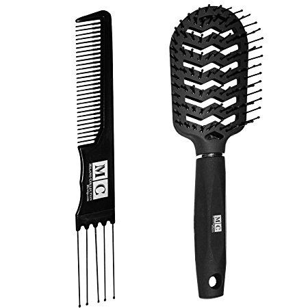 Milano Collection Metal Prong Lifting & Teasing Comb & Vent Hair Brush Set for Professional Salon Use for Hair and Wigs (Black)