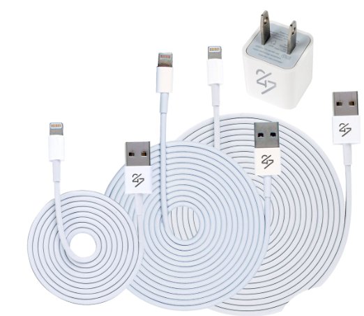 24/7 Cables iPhone 6S, 6S Plus, 6, 6 Plus, 5c, 5, 5s, iPad Air, iPad Pro, iPad Mini, - [(1) 3ft Cable (1) 6Ft Cable (1) 10Ft Cable 8 Pin Cable (1) Wall Charger] Designed for iOS9 - USB to 8 Pin Data Sync - Retina Display Compatible - Certified