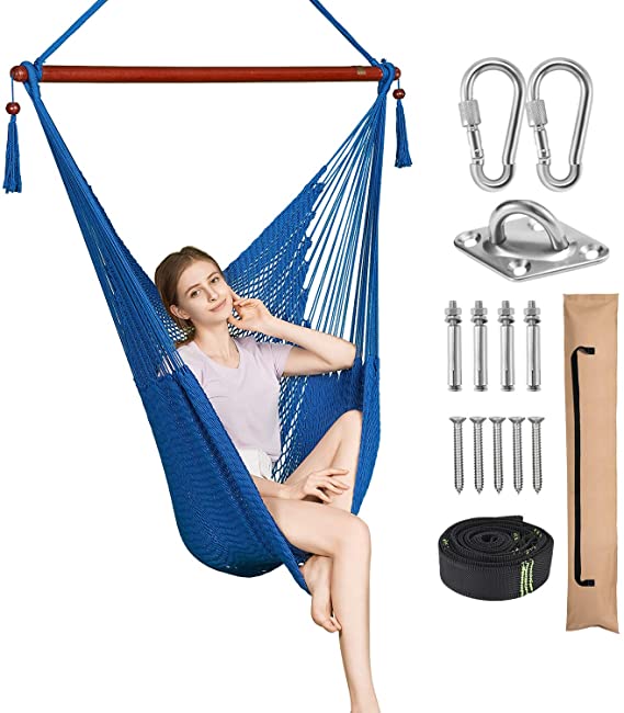 Greenstell Large Caribbean Hammock Hanging Chair with Hanging Kits and 150cm Strap,Swing Chair Comfortable Durable,100% Soft-Spun Polyester,for Indoor,Outdoor,Home,Patio,Yard,Garden 40 Inch (Blue)