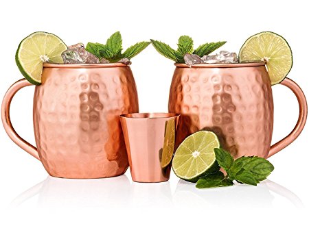 Moscow-Mix 100% Solid Pure Copper Moscow Mule Mug with FREE SHOT GLASS [16Oz] [Hammered] [Barrel] [Set of 2]