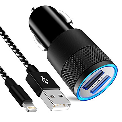 GUIGUI iPhone Car Charger, 24W 3.1A Rapid Dual Port USB Car Charger Adapter With 3FT Lightning USB Cable Charging Cord for iPhone X 8 7 Plus 6S 6 SE 5S 5, iPad, iPod (Black White)