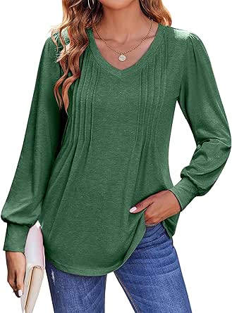 Zeagoo Women'S Puff Long Sleeve Shirts Pleated V Neck Fall Tunic Tops Blouse Dressy Causal Loose Summer T-Shirts