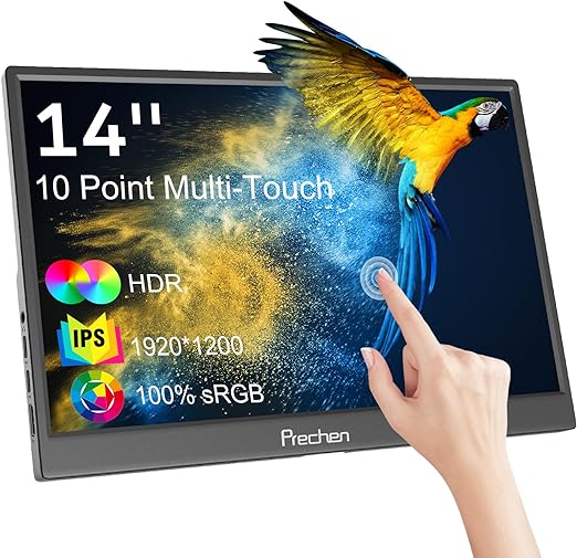 Portable Monitor Touchscreen, HDR, 400cd/m², 14 Inch 100% sRGB 1920x1200 Display USB-C HDMI IPS Screen, Kickstand & Built-in Speakers, External Touch Screen for Laptop PC Phone Mac Xbox