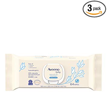 Aveeno Baby Sensitive All Over Wipes with Aloe & Natural Oat Extract for Face, Bottom & Hands, pH-Balanced, Hypoallergenic, Fragrance-, Phthalate-, Alcohol- & Paraben-Free Formula, 64 ct (Pack of 3)
