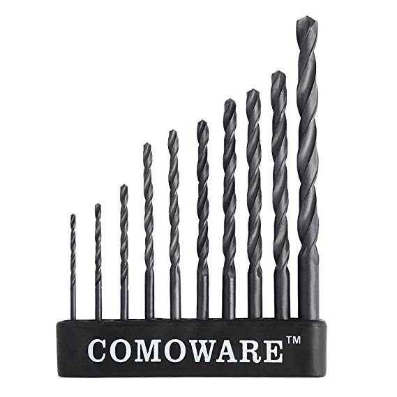 COMOWARE Twist Drill Bit Set- High Speed Steel Jobber Drill Bits, General Purpose, Black Oxide for Wood Plastic Alloys 10 Pcs, 1/16"-1/4"