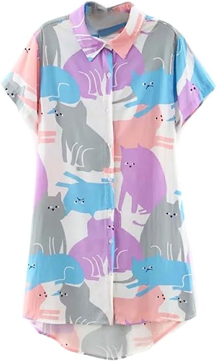 ABADAY Cartoon Cat Print Short Sleeve Longline Shirt Plus Size (S-XXXXL)