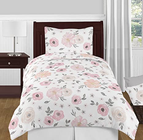 Sweet Jojo Designs Blush Pink, Grey and White Shabby Chic Watercolor Floral Girl Twin Kid Childrens Bedding Comforter Set 4 Pieces - Rose Flower