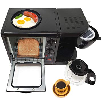 3 in 1 Breakfast Maker Station Hub 500W 5L With( 650W 4 Cup Espresso Coffee Maker, Multi Function 500W/5L Toaster Oven, Non Stick 6" Griddle)Removable Crumb Tray Timer Control Glass Carafe-PFOA Free,ETL Approved-Black