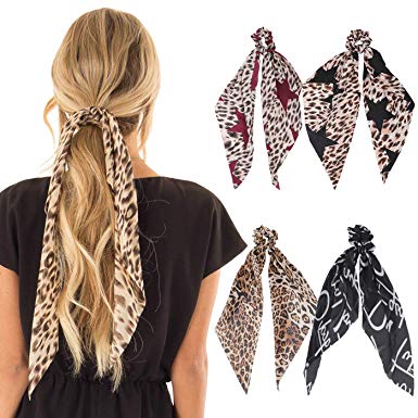 AWAYTR Chiffon Ponytail Hair Scarf Scrunchies - 3 Packs Flower Cashew Leopard Ripple Point Elastic Hair Ties Bow for Women