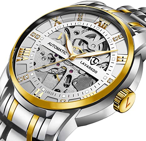 Men’s Watch Black Mechanical Stainless Steel Skeleton Waterproof Automatic Self-Winding Roman Numerals Diamond Dial Wrist Watch