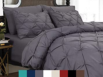 Elegant Comfort 3 Piece Pinch-Pleated Button Closure, Wrinkle-Resistant Ultra-Soft Microfiber Duvet Cover Set, Luxurious & Hypoallergenic Pintuck Décor, Full/Queen, Kitty Gray