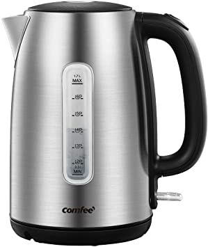 COMFEE' Stainless Steel Cordless Electric Kettle. 1500W Fast Boil with LED Light, Auto Shut-Off and Boil-Dry Protection. 1.7 Liter