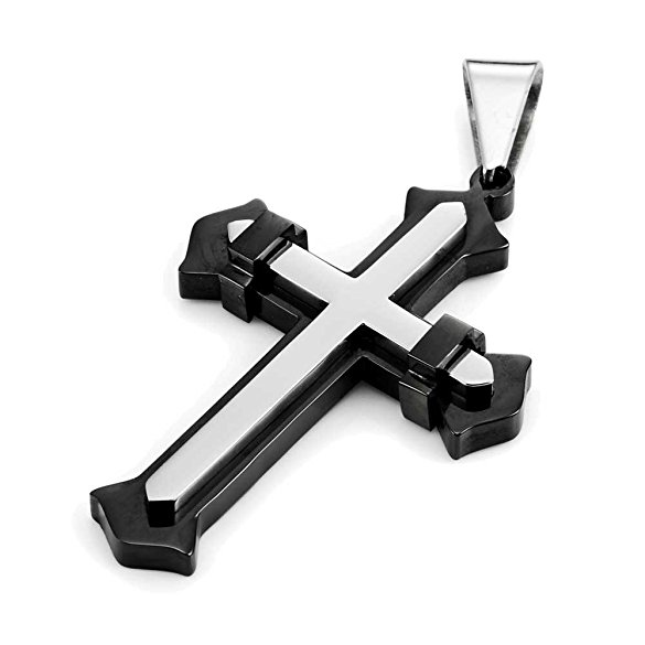 Powerful Mens Stainless Steel Cross Necklace Pendant - Black & Silver, 21" inches Chain