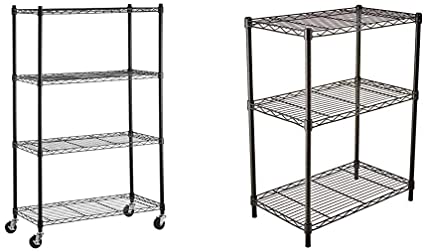 AmazonBasics 4-Shelf Shelving Storage Unit on 3'' Wheel Casters, Black (36L x 14W x 57.75H) & 3-Shelf Adjustable, Heavy Duty Storage Shelving Unit (250 lbs), Black (23.3L x 13.4W x 30H)