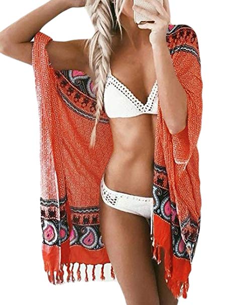 Bsubseach Women Bohemian Chiffon Bikini Swimsuit Cover Up Swimwear Tassel Cardigan