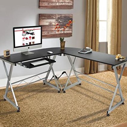 Modern Wooden L-Shape Corner Computer Desk PC Laptop Table Workstation Home Office, Contemporary and Executive Design Furniture with Keyboard Tray, Black (59"(L) x Short side 55"(W) x 29.5"(H))