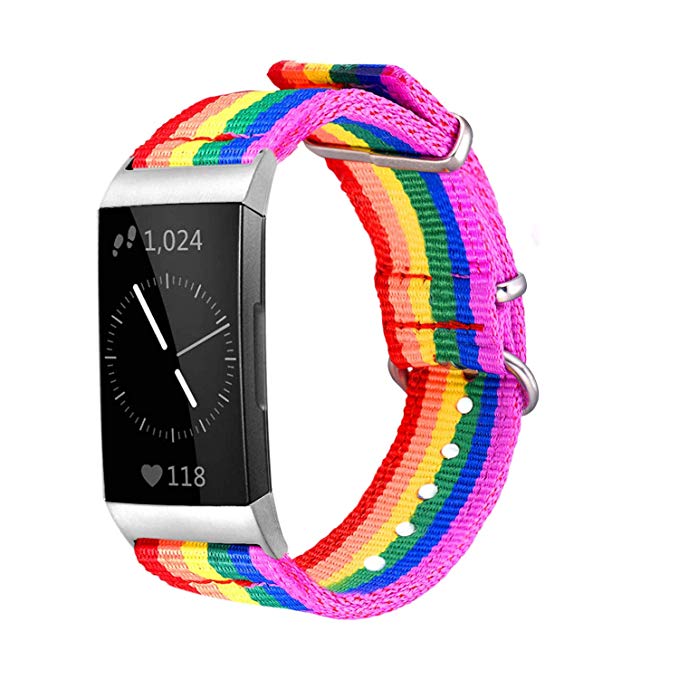 Bandmax Rainbow Bands Compatible Fitbit Charge 3 Smartwatch,LGBT Pride Nylon Charge 3 Watch Bands Durable Fitbit 3 Sport Replacement Straps Accessories with Adjustable Silver Metal Clasp(Small Size)