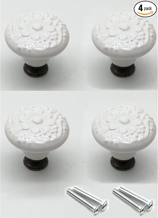 Knobs for Dresser Drawers Vintage,4pcs, Decorative Knob 1.3" Dia. Ceramic Pull Handle White with Mounting Screws