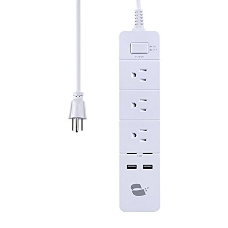 Power Strip Surge Protector 3-Outlets with 2 High Speed USB Charger extension cord 2000W/15A for iPhone 7 /6 /6s plus iPad Air Mini Samsung Smartphone Tablet Laptop By GOLDEN-NOOB (6Ft Cord, white)