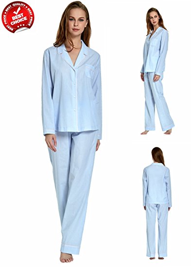 Everconform Women PJS Set 100% Cotton 2 Piece Long Sleeve Pajamas Loungewear Blue