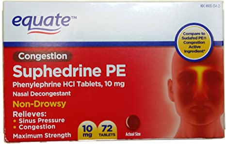 Equate Nasal Decongestant Suphedrine PE Phenylephrine HCl 10mg 72ct