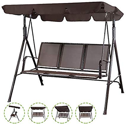 Flex HQ Patio Porch Swing Chair Canopy Outdoor Lounge 3-Person Seat Hang Bench Hammock (Brown)