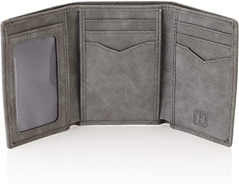 Handsome Factory Trifold Wallet - Men's Slim Minimalist Money Holder - 12  Credit Cards, 15  Cash Bills Capacity - Heavy Duty, Stylish Storage with RFID Blocking Protection, Clear Window (Grey)
