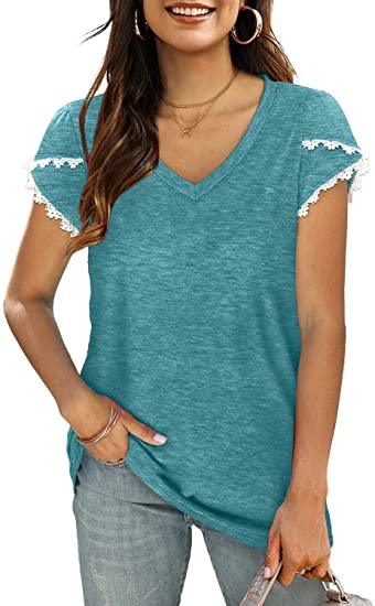 Sieanear Womens Summer Tops V Neck Petal Sleeve Tshirts with Lace Casual